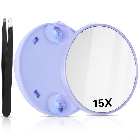 AOZUO Magnifying Mirror Makeup Mirror, Portable Travel Makeup Mirror 15X Round Magnifying Mirror with 2 Suction Cups and Tweezers Kit for Women Men Eyebrow Face Blackhead Blemish Removal (Purple)
