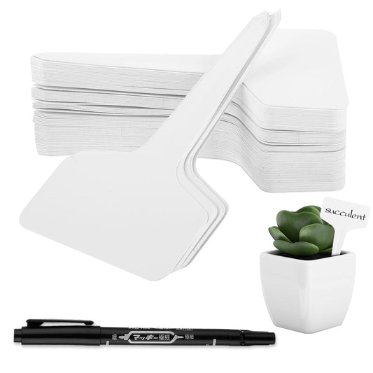 Amabro 80pcs Plant Labels, T-Type Plastic Plant Tags with Marker Pen for Outdoor Indoor Waterproof Garden Plant Name Labels for Potted Seed Flower Vegetable Herb, 10 x 6cm (White)