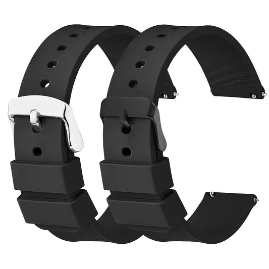 cobee 2 Pcs Silicone Watch Bands, Quick-Release Waterproof Soft Watch Straps with Black or Silver Stainless Steel Buckle Compatible with Smart Watch Sport Watch Wrist Straps for Men Women (20mm-Black)