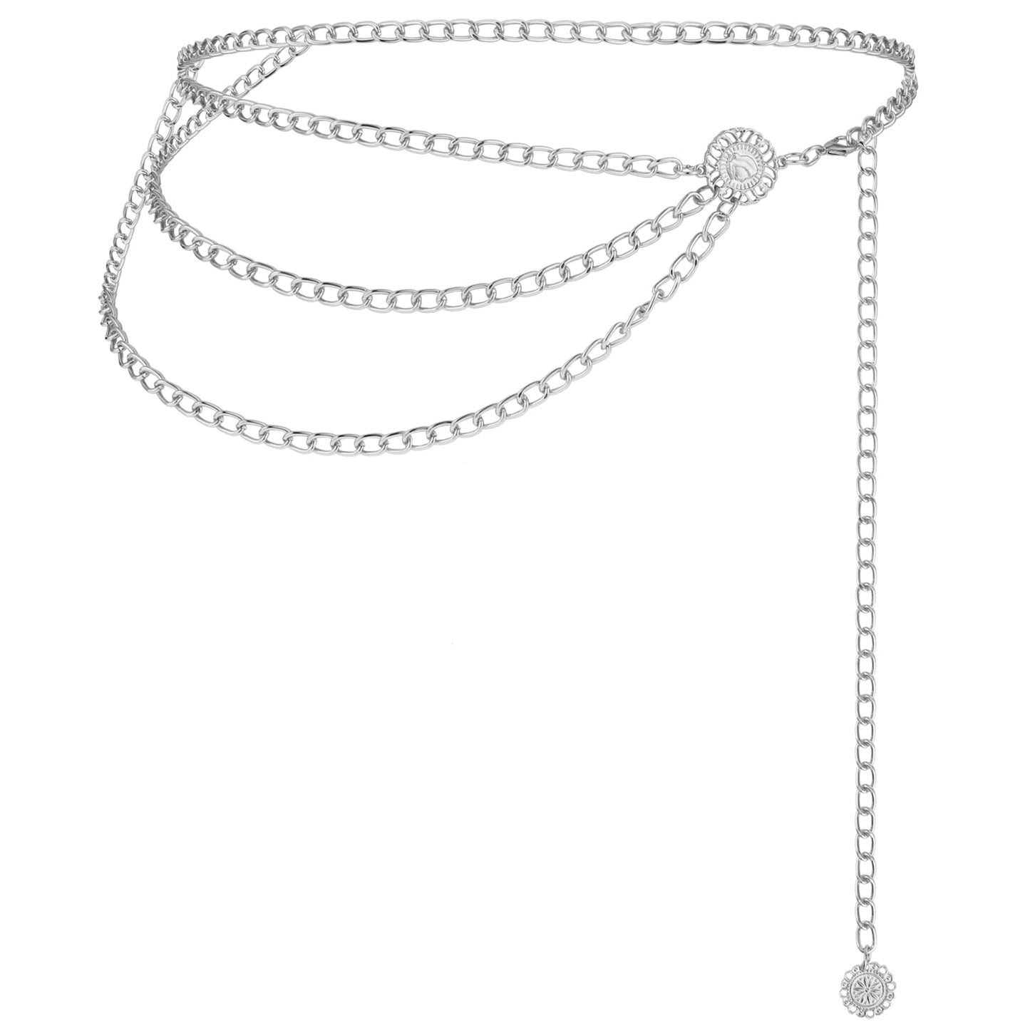 TIESOME Multilayer Metal Waist Chain, Women Dress Belt Silver Chain Belt Cute Belts for Women Adjustable Women Long Belt