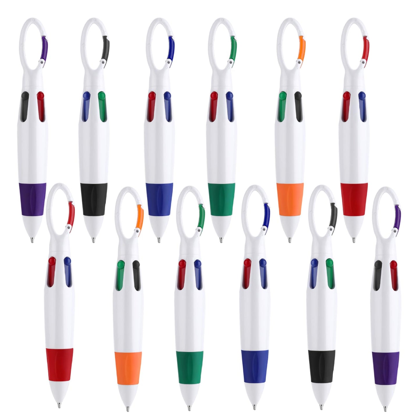 TIESOME 12 Pieces Retractable Shuttle Pens, 4-in-1 Ballpoint Pens Multicolor Pens with Buckle Keychain on Top for Office School Supplies Party Favors Students Gifts (12 PCS)
