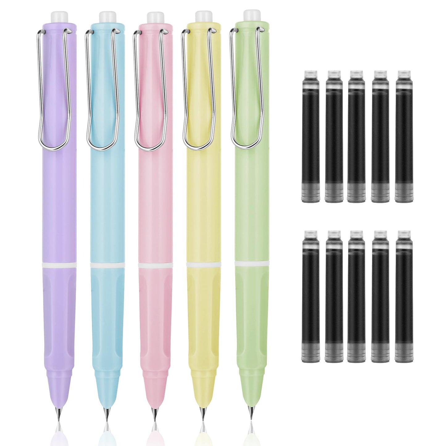 cobee Aesthetics Retractable Fountain Pen with 10 Black Ink Sac, 5pcs 0.38mm Pastel Refillable Ink Writing Pens Extra Fine Point Pen Smooth Writing for Journaling Calligraphy Gift Supplies(A)