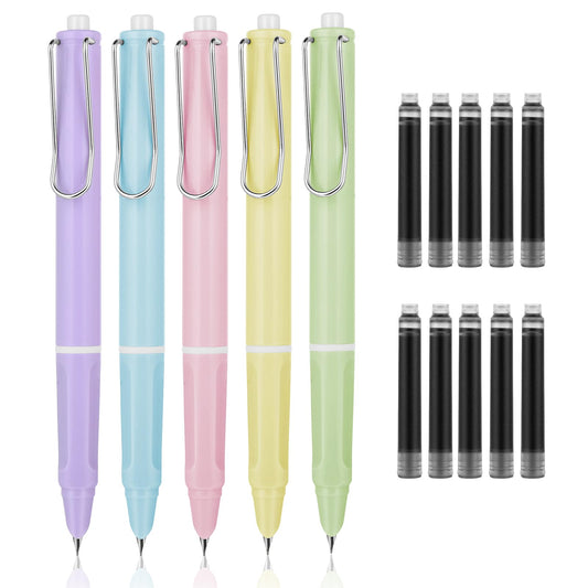 cobee Aesthetics Retractable Fountain Pen with 10 Black Ink Sac, 5pcs 0.38mm Pastel Refillable Ink Writing Pens Extra Fine Point Pen Smooth Writing for Journaling Calligraphy Gift Supplies(A)