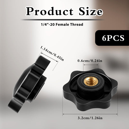 Andibro 6 Pcs 1/4"-20 Inch(M6) Threaded Knob, 6 Star Shape Screw-On Type Thru Knob Nuts Hand Tighten Clamping Knobs Black Female Thread for a Holding Jig