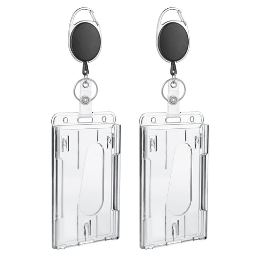 TIESOME 2 Set Heavy Duty Badge Holders with Retractable Badge Reel Clip Hard Plastic ID Card Protector Thumb Slot Credit Card Holder for Nurse Doctor Teacher Office School Supplies(Vertical)