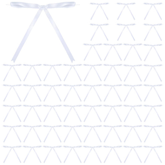 AOZUO Pack of 50 Bows for Ties, Satin Bows Made of Pre-tied Ribbon for Wrapping Gift Baskets, Snacks, Sweets, Gift Bags, Packaging, Christmas, Wedding, Baby Shower (White)