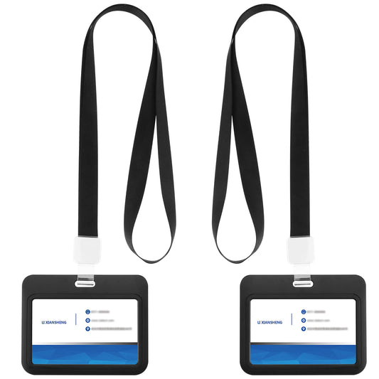 Bewudy 2 Sets Hard Plastic ID Card Badge Holder with Lanyards, Waterproof Card Holder Detachable Neck Lanyard Strap Clear Name Tag Holders Transparent Card Case Office Supplies (Horizontal)