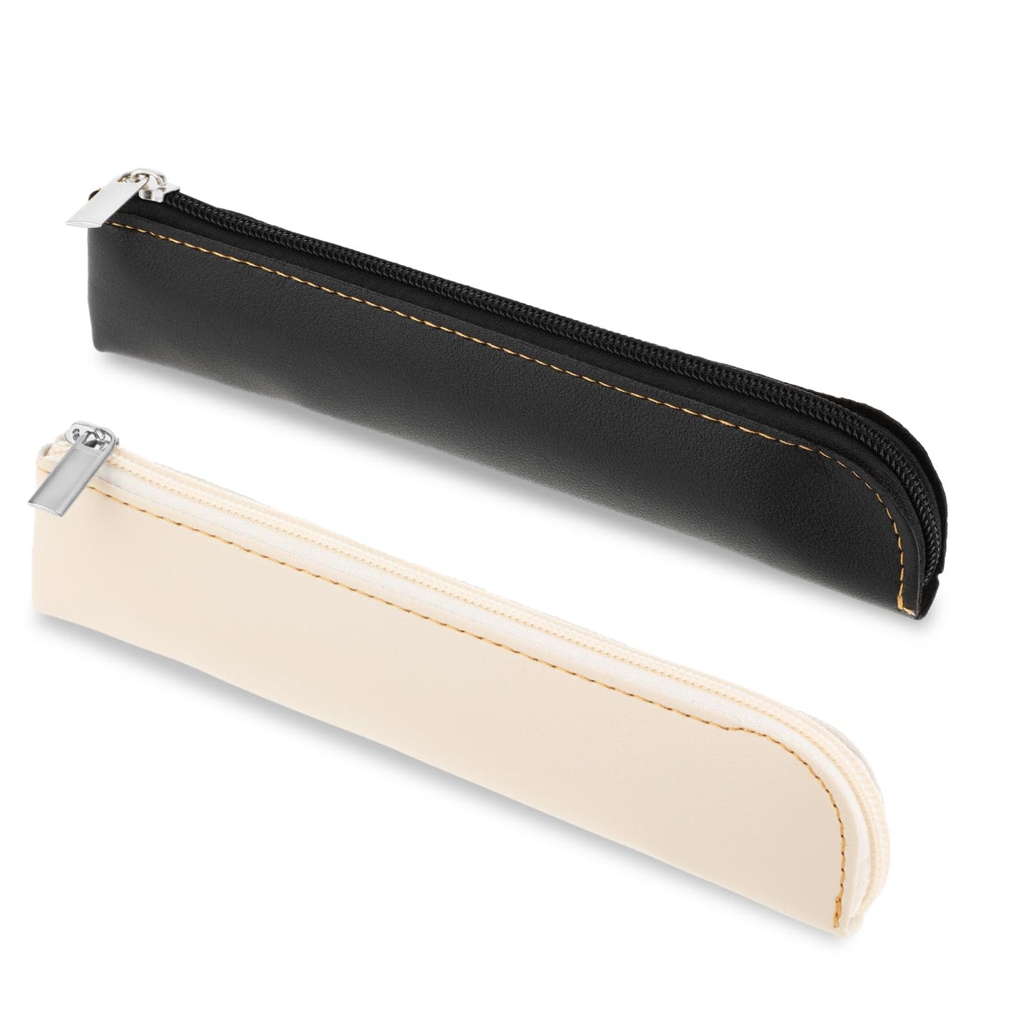 Amaxiu Leather Slim Pencil Case, 2 Pcs Small Pen Case Pouch for 4-6 Pens Protable Stationery Pouch Cosmetic Bag Minimal Makeup Organizer Zipper Storage Bag for Travel Business Office (Black+White)