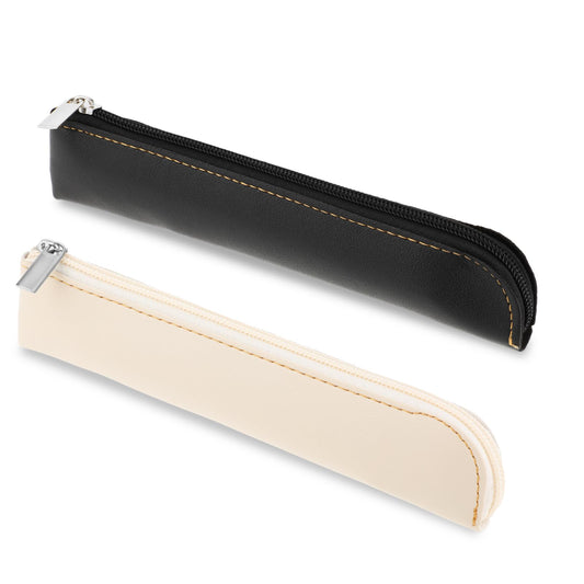 Amaxiu Leather Slim Pencil Case, 2 Pcs Small Pen Case Pouch for 4-6 Pens Protable Stationery Pouch Cosmetic Bag Minimal Makeup Organizer Zipper Storage Bag for Travel Business Office (Black+White)