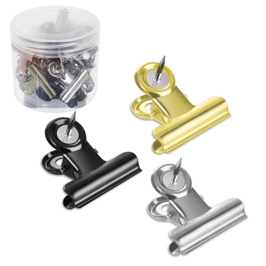 Molain 15 Pcs 30 mm Push Pins Clips,5 Black+5 Silver +5 Gold Bulldog Clips, Metal Thumb Tacks, Creative Paper Clips with Tack for Bulletin Board Cork Board and Photo Wall, Home and Office Supplies