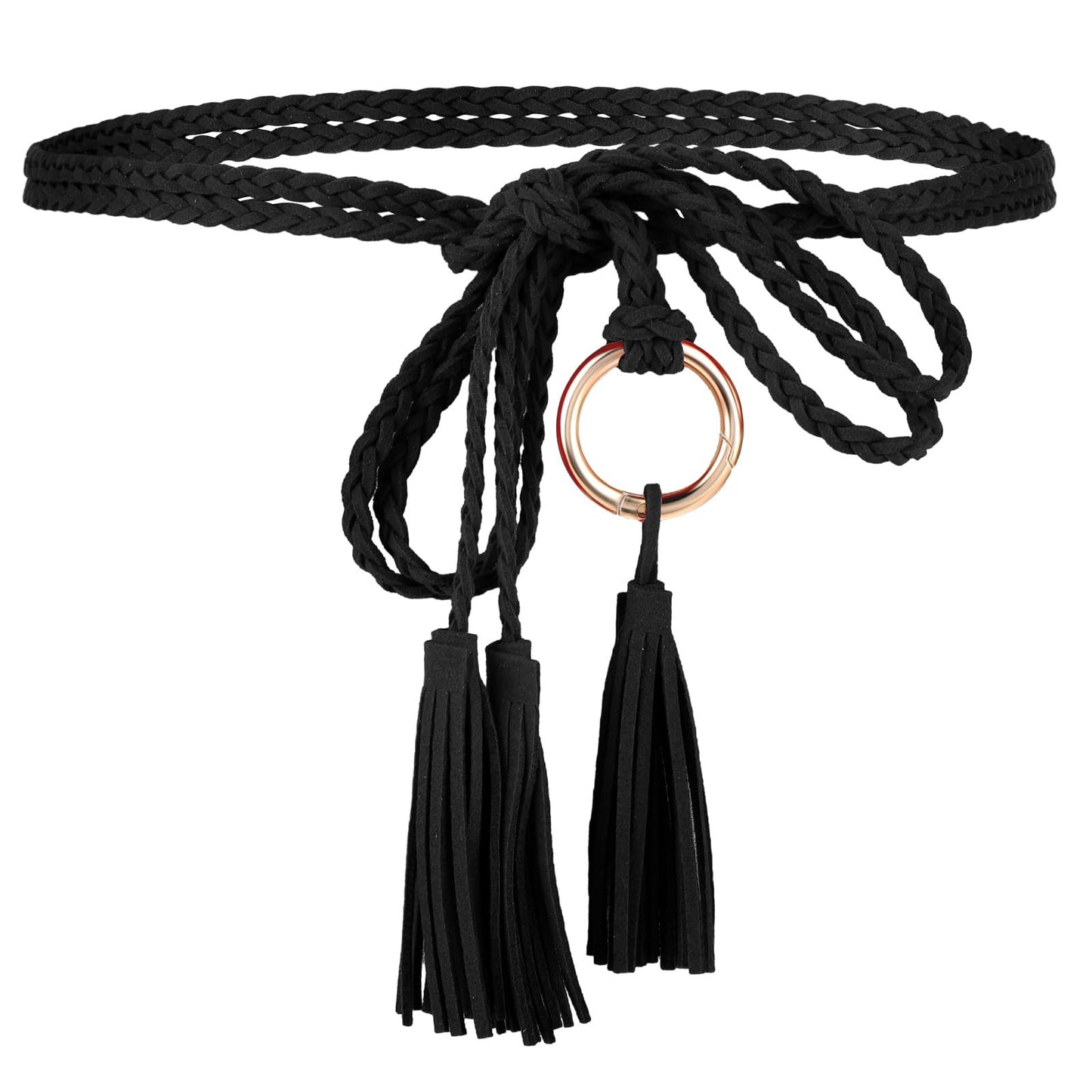 TIESOME Women's Tassel Braided Waist Belt, Skinny Handwoven Belt with Ring for Dress Waist Belt Rope Chain Bohemian Ethnic Style for Women Girls Godness(Black)