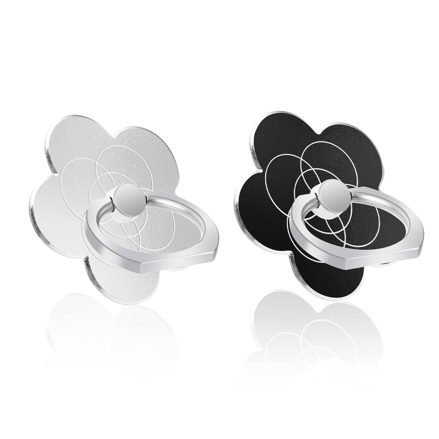 cobee Flower Finger Ring Grip Stand, 2 Pcs Cell Phone Ring Holder, 360° Rotation 180° Flip Universal Metal Ring Finger Holder, Phone Kickstand Compatible with Smartphones(Black+Silver)