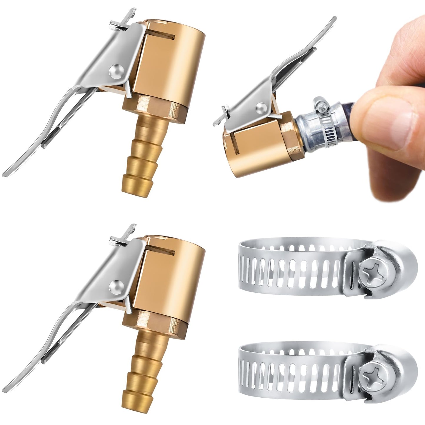 cobee Tire Air Chuck with Clip Adapter, 2 Set Air Chuck Tire Inflator with Barb Connector for Hose Repair 1/4" Open Flow Air Chuck Valve No Leakage Locking Tire Inflator Adapter Connect(Style-B)