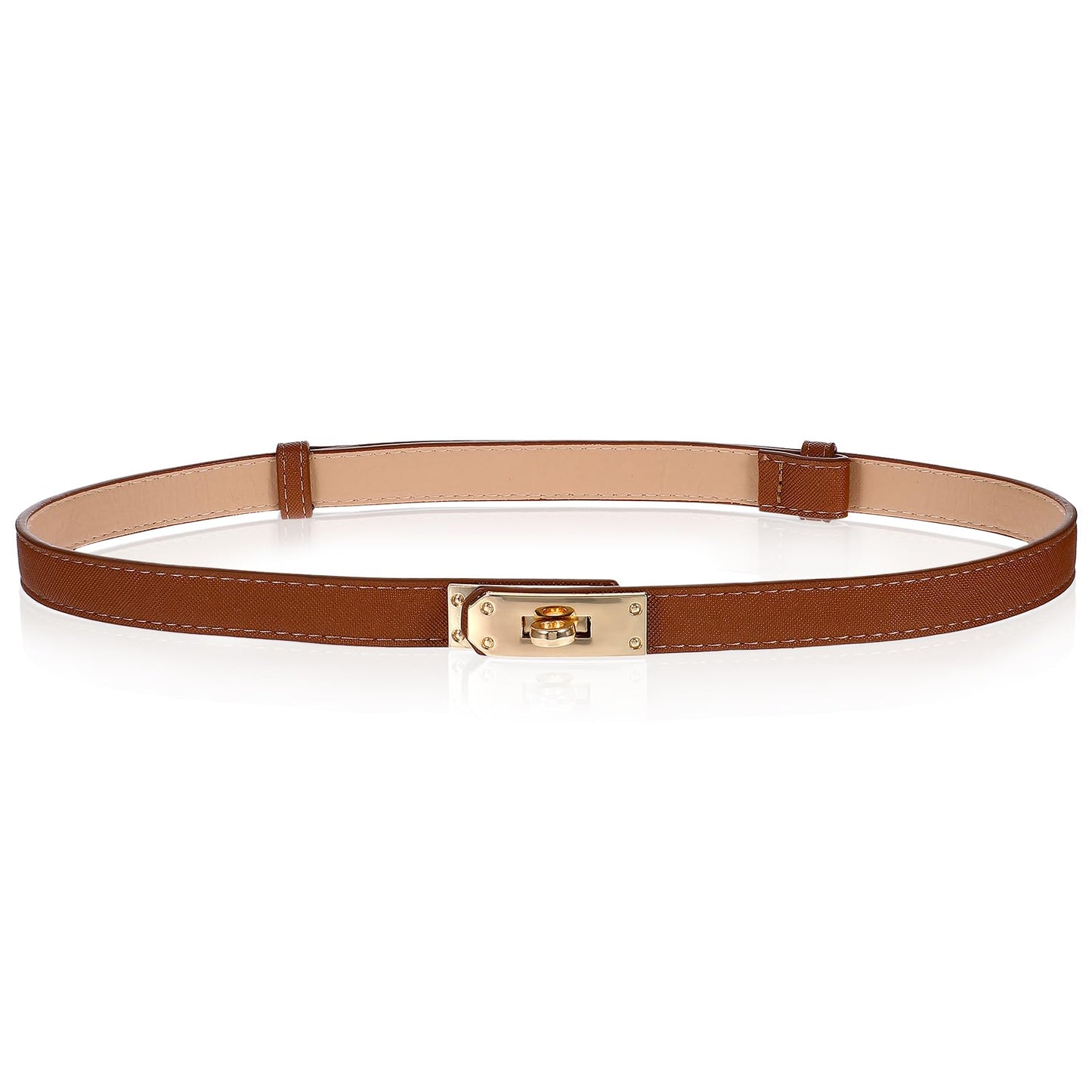 AOZUO Thin Belt for Women, Adjustable Skinny Waist Belt PU Leather Waistband with Gold Turn Lock Buckle for Dress Jeans, Brown, Medium