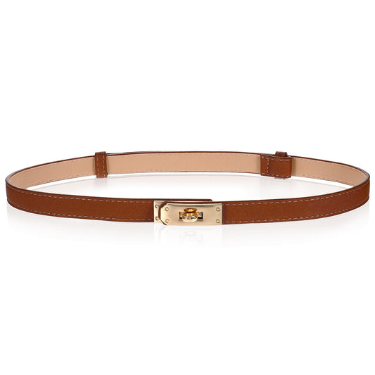 AOZUO Thin Belt for Women, Adjustable Skinny Waist Belt PU Leather Waistband with Gold Turn Lock Buckle for Dress Jeans, Brown, Medium