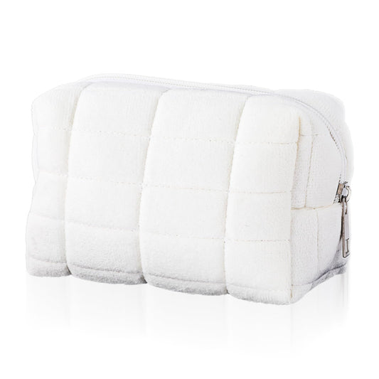 Giantree Cute Checkerboard Cosmetic Bag for Women, Suede Makeup Bag Travel Toiletry Bag Aesthetic Make Up Bag Zipper Pouch Cosmetic Organizer Bag Cute Small Makeup Bag Gift for Women and Girls(White)