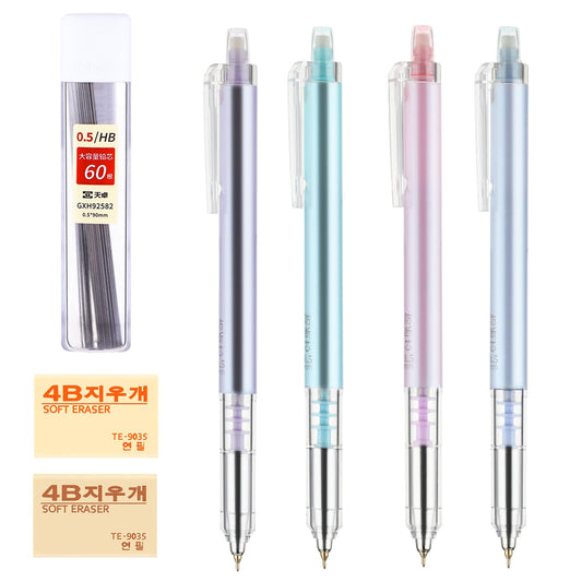 Bewudy 4PCS Pastel Mechanical Pencil with 60PCS HB Refill, Cute Mechanical Pencils 0.5 mm with 2PCS Erasers, Aesthetic Pencils for Writing, Drawing, Sketching School Office Supplies Gift