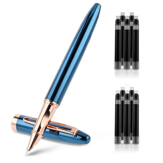 Amaxiu Metal Black Fountain Pen Set, 0.38mm Fine Nib Fountain Pen with 10 3.4mm Ink Cartridges and 1 Converter Smooth Writing Luxury Calligraphy Pen Office School Supplies Gift(Blue)