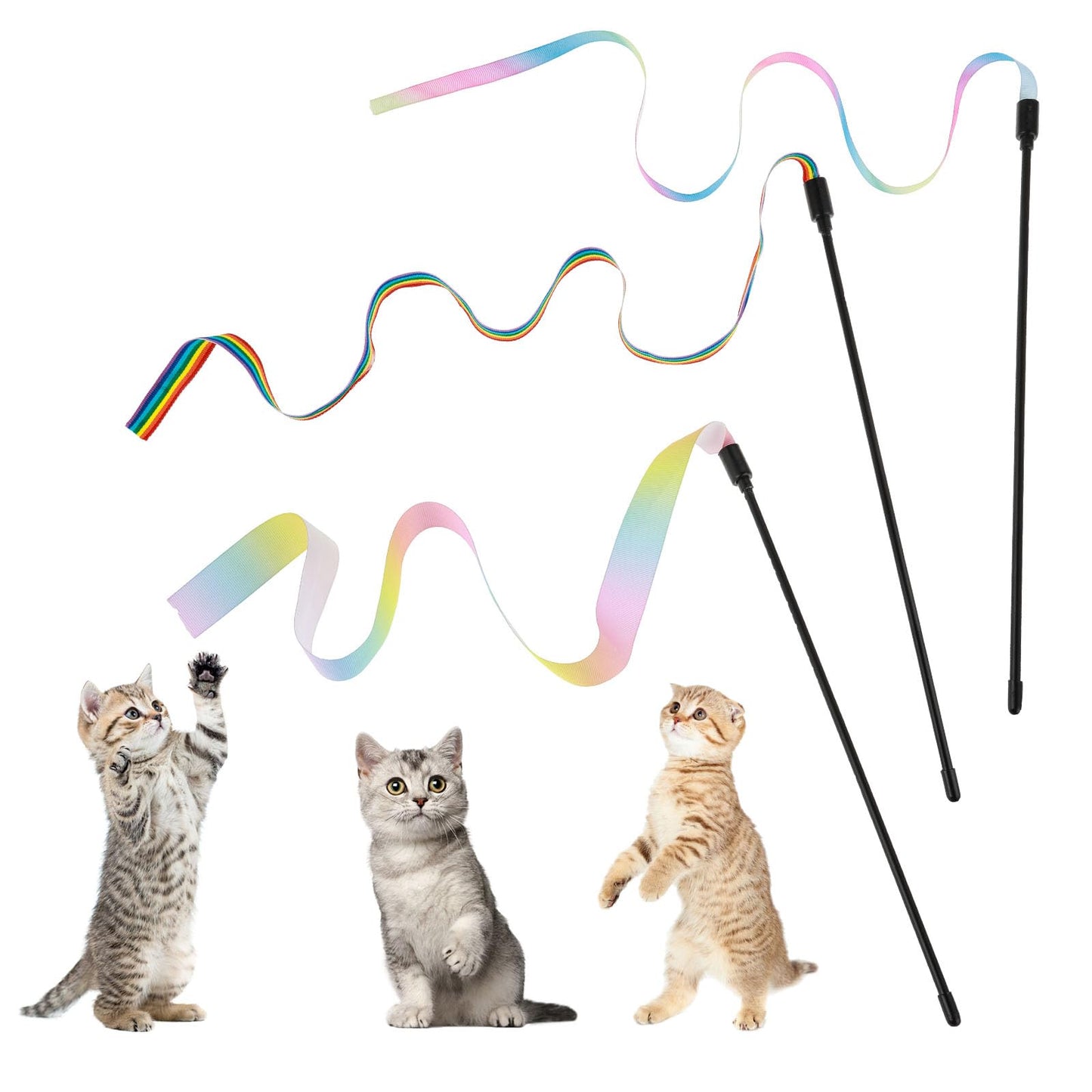 simarro 3Pcs Cat Wand Interactive Toy Set, Colorful Cat Teaser Sticks Cat String Toy Cat Stick Toys for Indoor Cats Play Chase Exercise