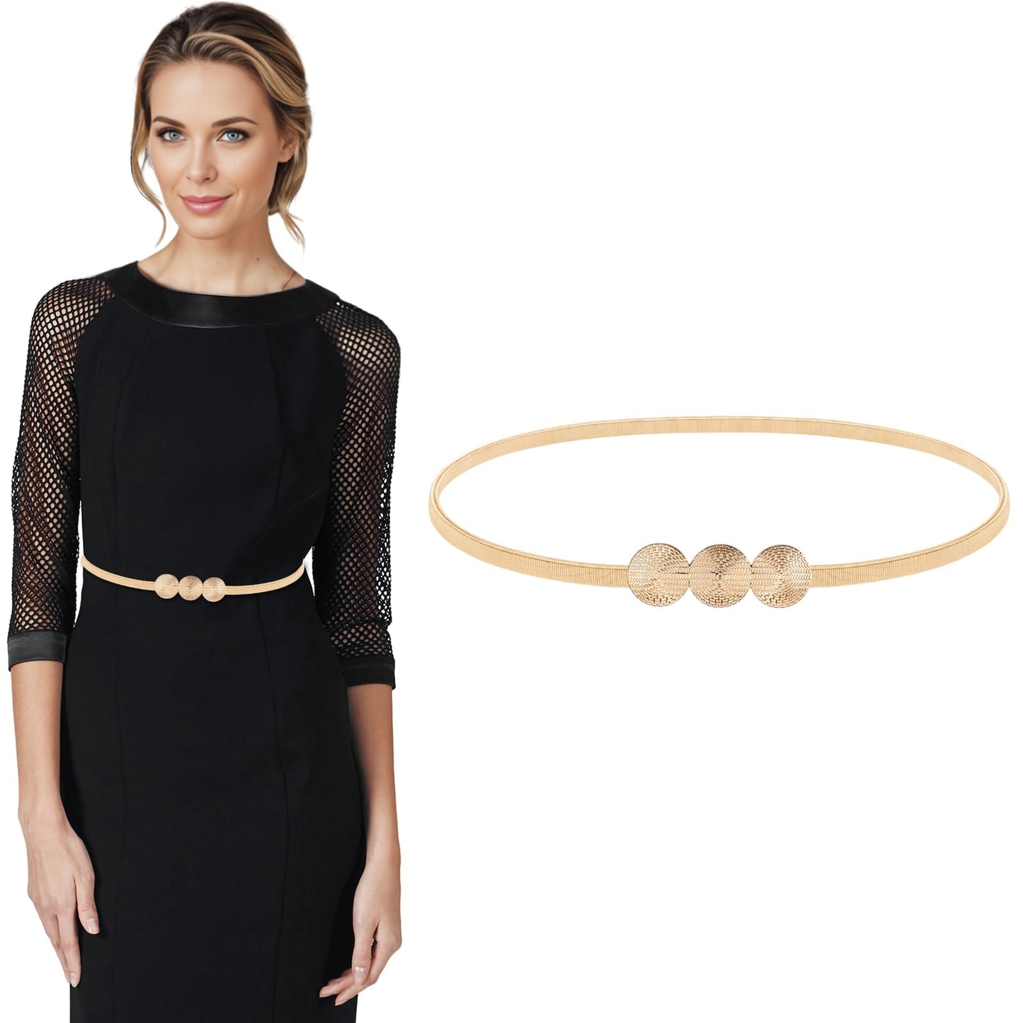 Amabro Women Skinny Metal Belt, Thin Elastic Belt for Dress Gold Waist Belt Stretch Waistband(B)