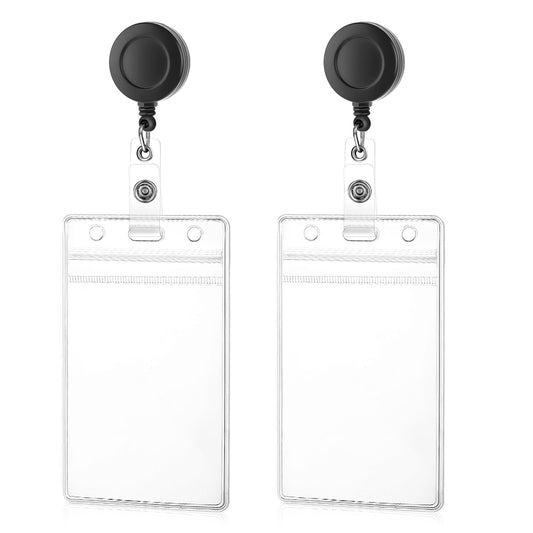TIESOME 2 Pack Soft Plastic Badge Holders with Heavy Duty Badge Reels, Clear Horizontal ID Name Card Holders Retractable Badge Reel Clip Credit Card Protector for Nurse Doctor Teacher Office(Vertical)