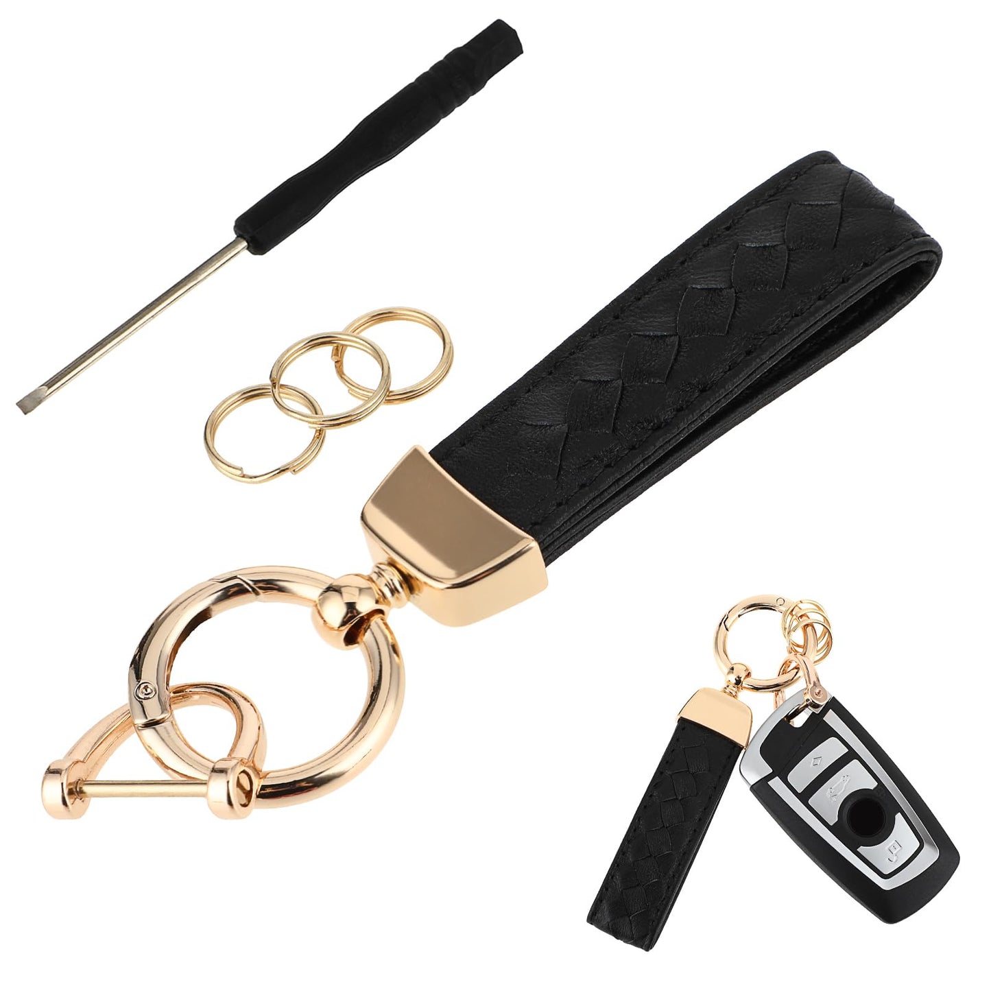 Amabro Woven Leather Car Keychain, Sheepskin Key Chain Holder with Anti-Lost D-Ring 360 Rotatable Universal Auto Braided Key Fob Wristlet Keyrings for Men Women Car Accessories Family(Black)