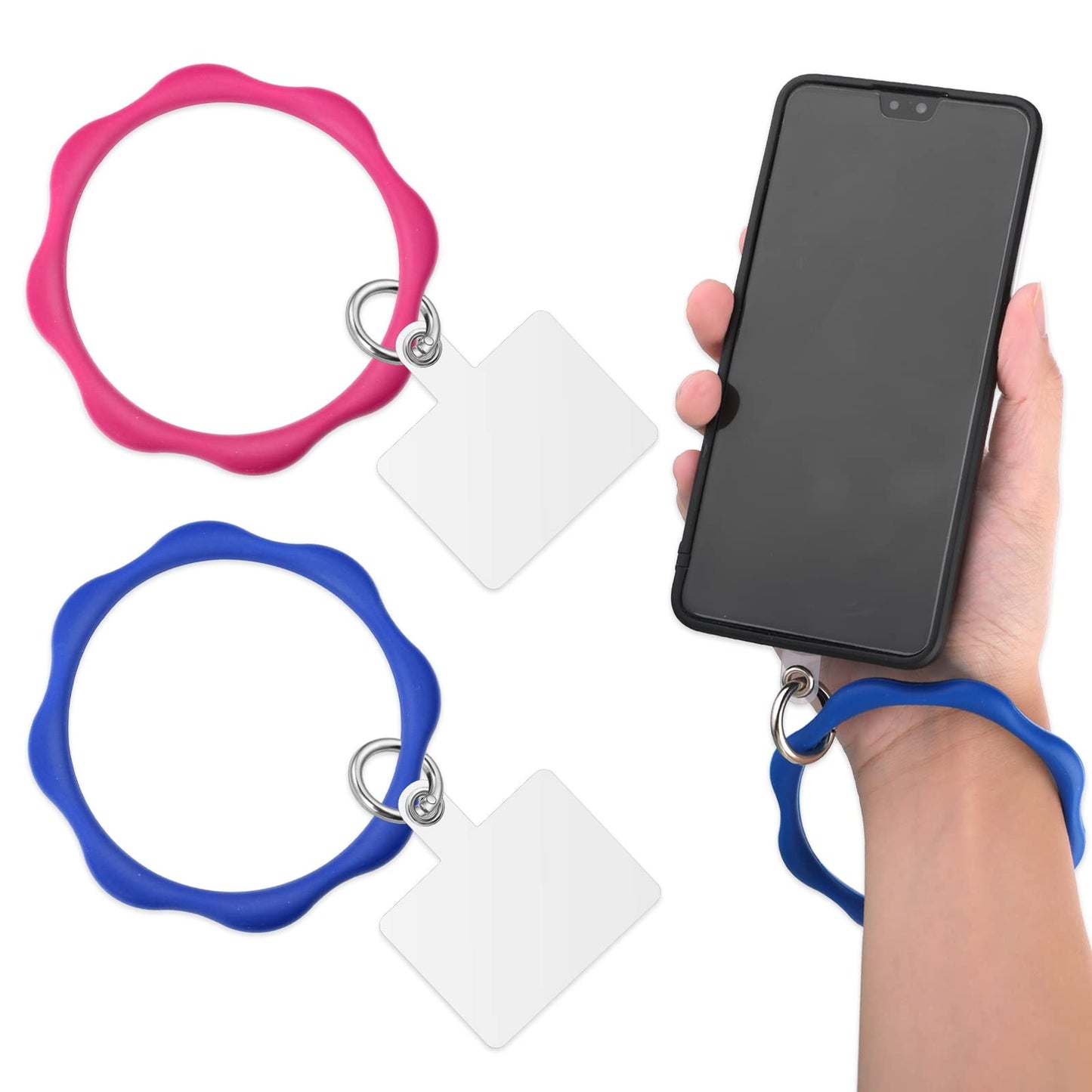 cobee Silicone Phone Wrist Straps, 2 Pcs Wave-shaped Cell Phone Wrist Lanyards with 2 Pcs Tether Tabs Universal Phone Wrist Strap Loop Chain Charm Compatible with Most Smartphones(Blue, Rose Red)