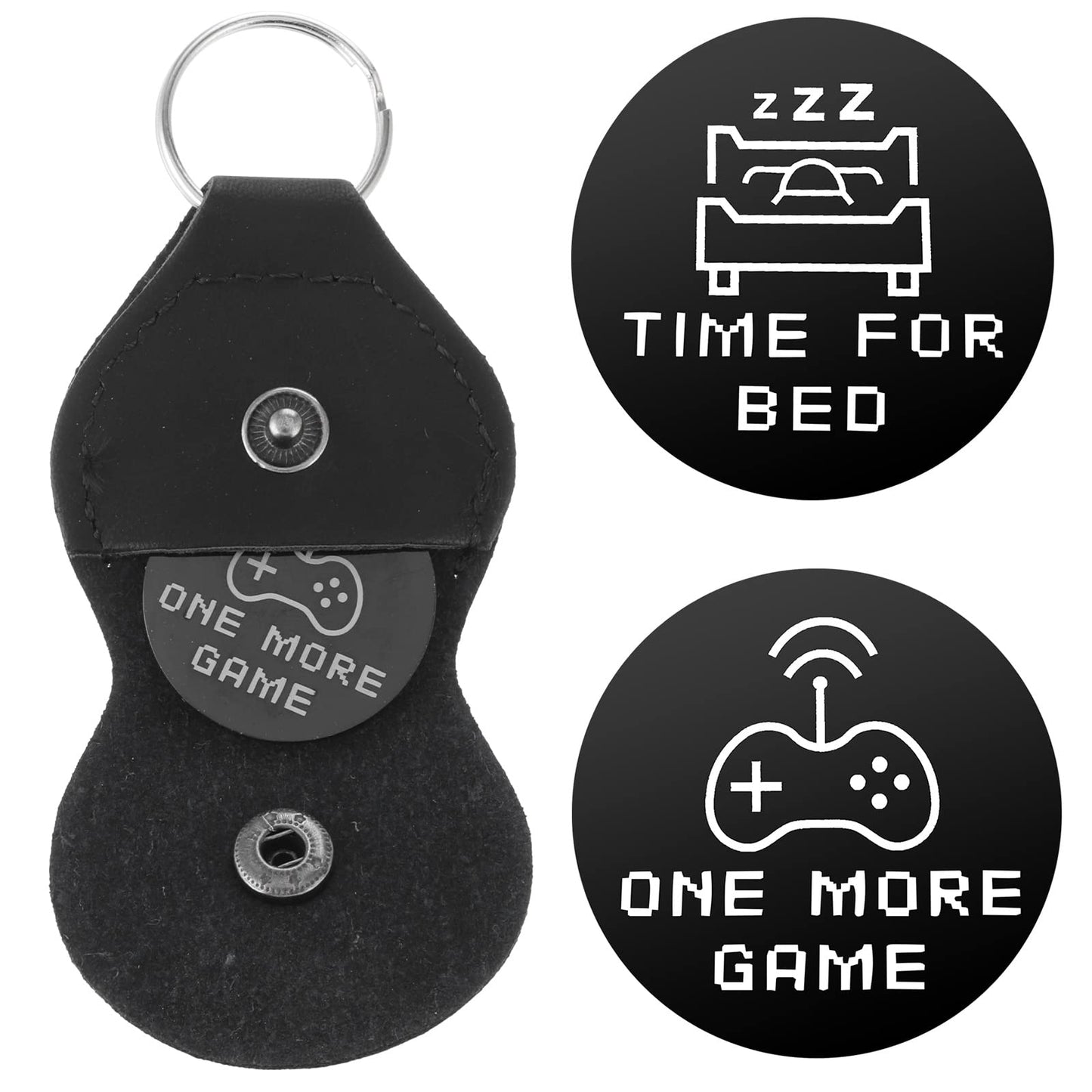 Cobee Funny Destiny Flip Coins, Double Sided Gaming Novelty Coin One More Game/Go To Bed Pocket Hug Token with Leather Keyring Stainless Steel Decision Maker Coin Gifts for Boyfriend Girlfriend(Black)