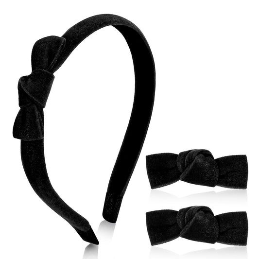 MBAIYO 3 Pcs Velvet Bow Headband Hair Clips Set, Cute Black Bow Headband Mini Head Band Small Bowknot Hairpins Set Aesthetic Hair Styling Clip Elegant Accessories for Women(Black)