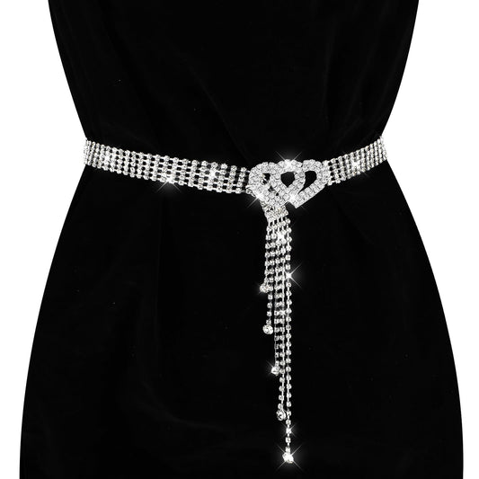 Andibro Rhinestone Belt with Heart-Shaped Buckle, Diamond Waist Belt Crystal Waist Chain Belt Waistband for Women Dresses