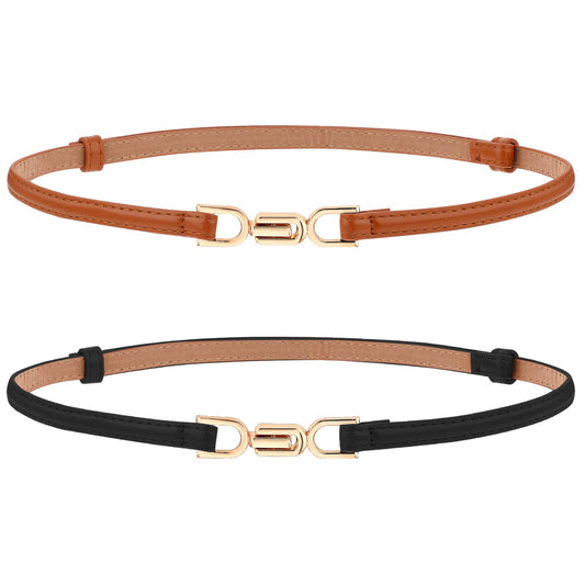 Andibro 2 Pack Leather Skinny Women Belt, Adjustable Thin Waist Belts with Alloy Buckle Waistband for Jeans Pants Dress(Black+Camel)