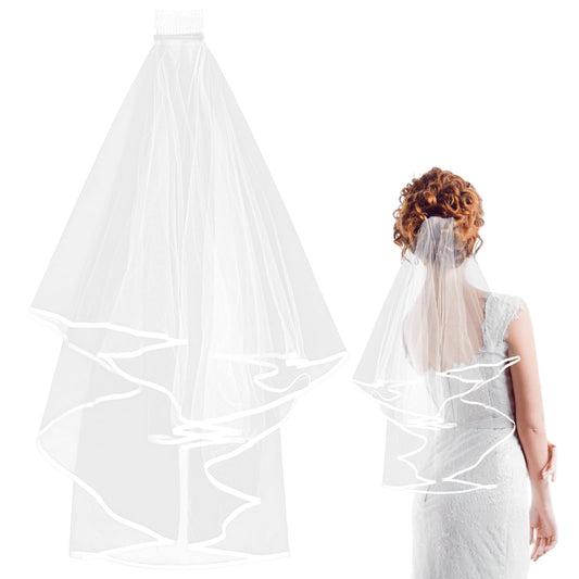 Andibro Short Wedding Bridal Veil with Comb, 2 Tier Tulle Bride Veil Elegant Elbow Length Wedding Veil Ribbon Flower Girls Veil