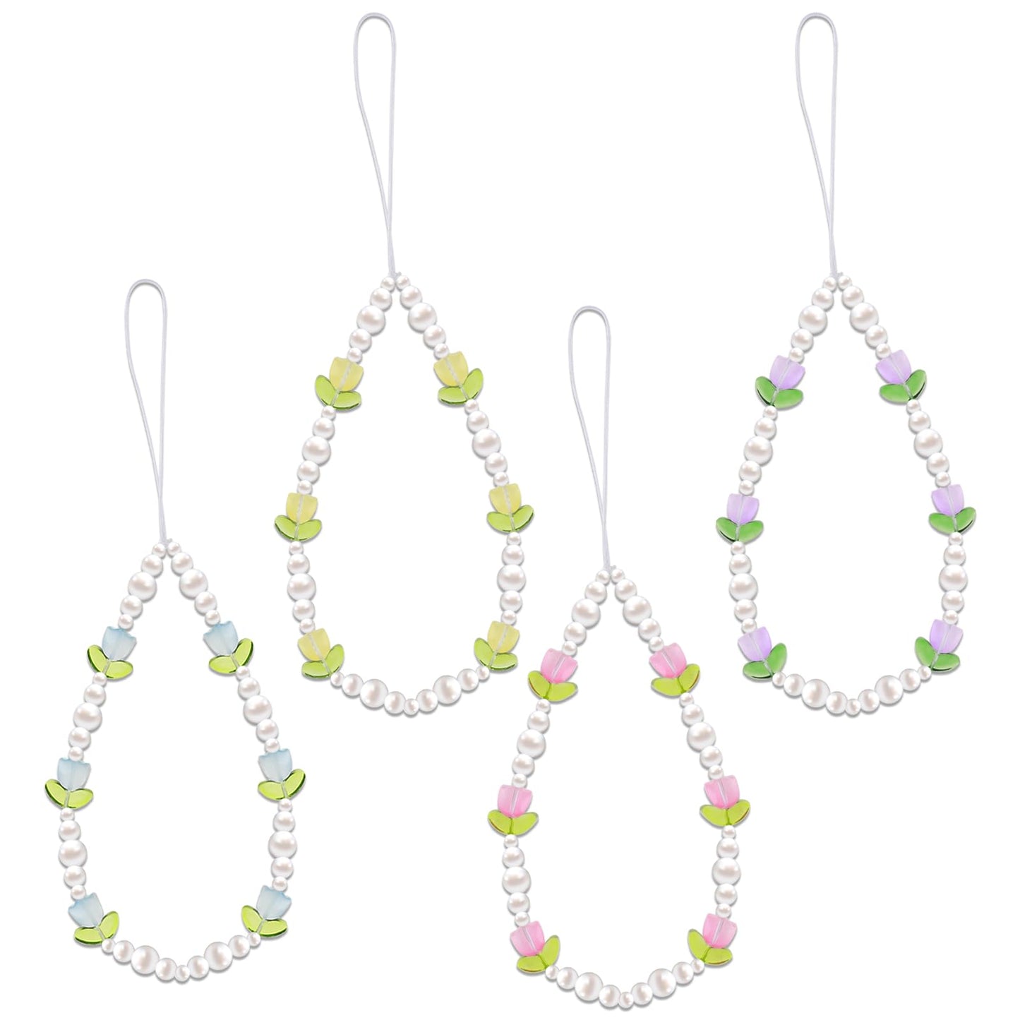 Amabro 4PCS Tulip Flower Mobile Phone Pendant Phone Charms Strap Cute Phone Lanyard Beaded Phone Chain Strap for Keychain, Backpack, Wallet Decoration