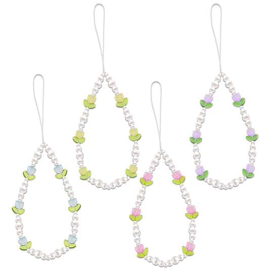 Amabro 4PCS Tulip Flower Mobile Phone Pendant Phone Charms Strap Cute Phone Lanyard Beaded Phone Chain Strap for Keychain, Backpack, Wallet Decoration