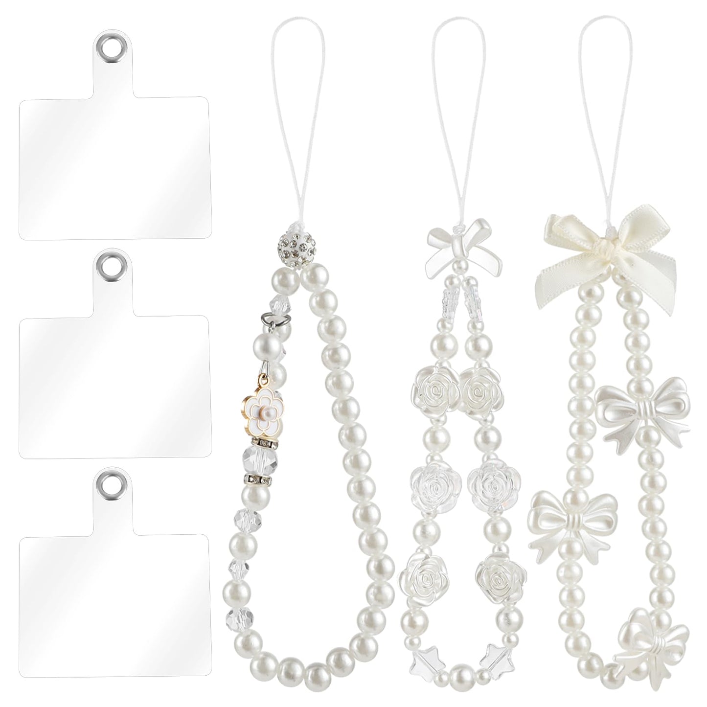 Amaxiu 3Pcs Pearl Beaded Phone Wrist Strap, Hands Free Cute Phone Charms Phone Bracelet Lanyard Phone Wristlet With 3 Back Pad For Girl Women Cellphone Keychain Camera Accessories Charm