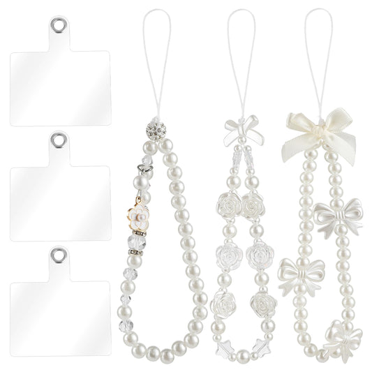 Amaxiu 3Pcs Pearl Beaded Phone Wrist Strap, Hands Free Cute Phone Charms Phone Bracelet Lanyard Phone Wristlet With 3 Back Pad For Girl Women Cellphone Keychain Camera Accessories Charm