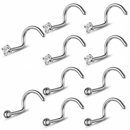Molain 10Pcs Nose Piercing Studs, Nose Screw 20G Corkscrew L-Shaped Jewelry with 2mm Stainless Steel White Zirconia Silver Nose Rings for Women (Silver)