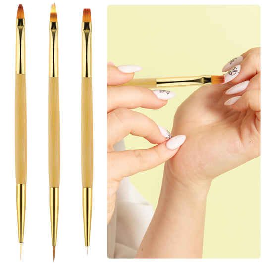 Amaxiu 3 Pack Nail Art Brushes, Double Head Wooden Nail Art Clean Up Painting Brush Pens Nail Cleaning Fingernail Brushes Remover Makeup Manicure Supplies for Mistake Cleaning(Round, Angled, Flat)