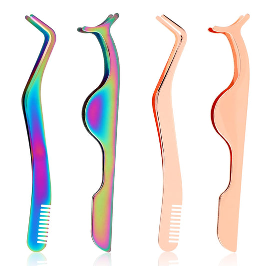cobee 4 Pack Eyelash Tweezers Set, Stainless Steel Eyelash Extension Tweezers with Comb False Lash Tweezers Eyelash Applicator Tool for Women Girls Gifts Beginners Makeup Artists(Rose Gold, Colorful)