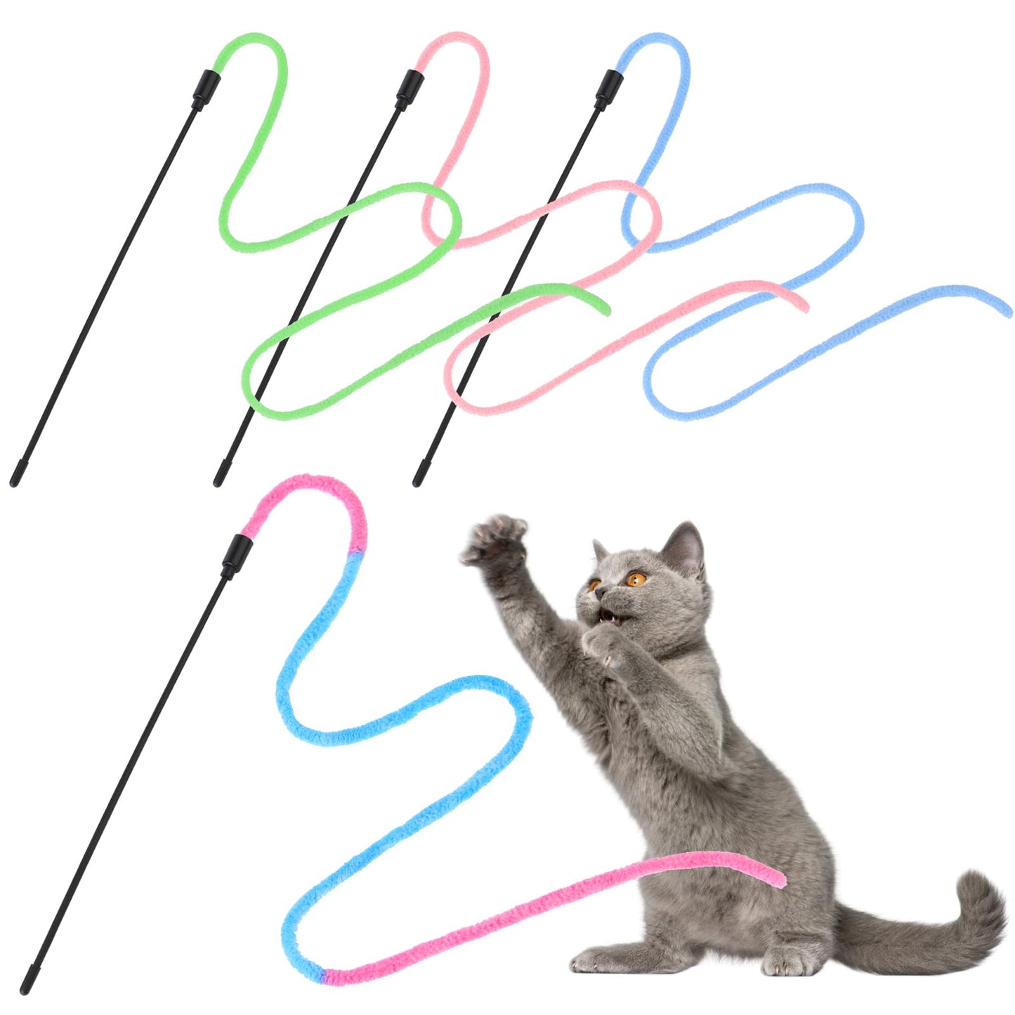 simarro 4Pcs Cat Wand Interactive Toy, Gradient Color Cat Teaser Sticks Cat String Toy Cat Training Supply for Indoor Interactive Cat Teaser Pet Toy Accessories