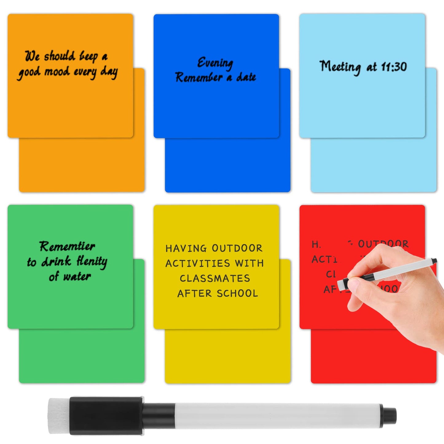 cobee Colorful Dry Erase Self Stick Notes, 12 Pieces 3 x 3 in Reusable Sticky Notes with Pen Removable Sticky Notepads Whiteboard Stickers for All Smooth Surface Office School Home Supplies