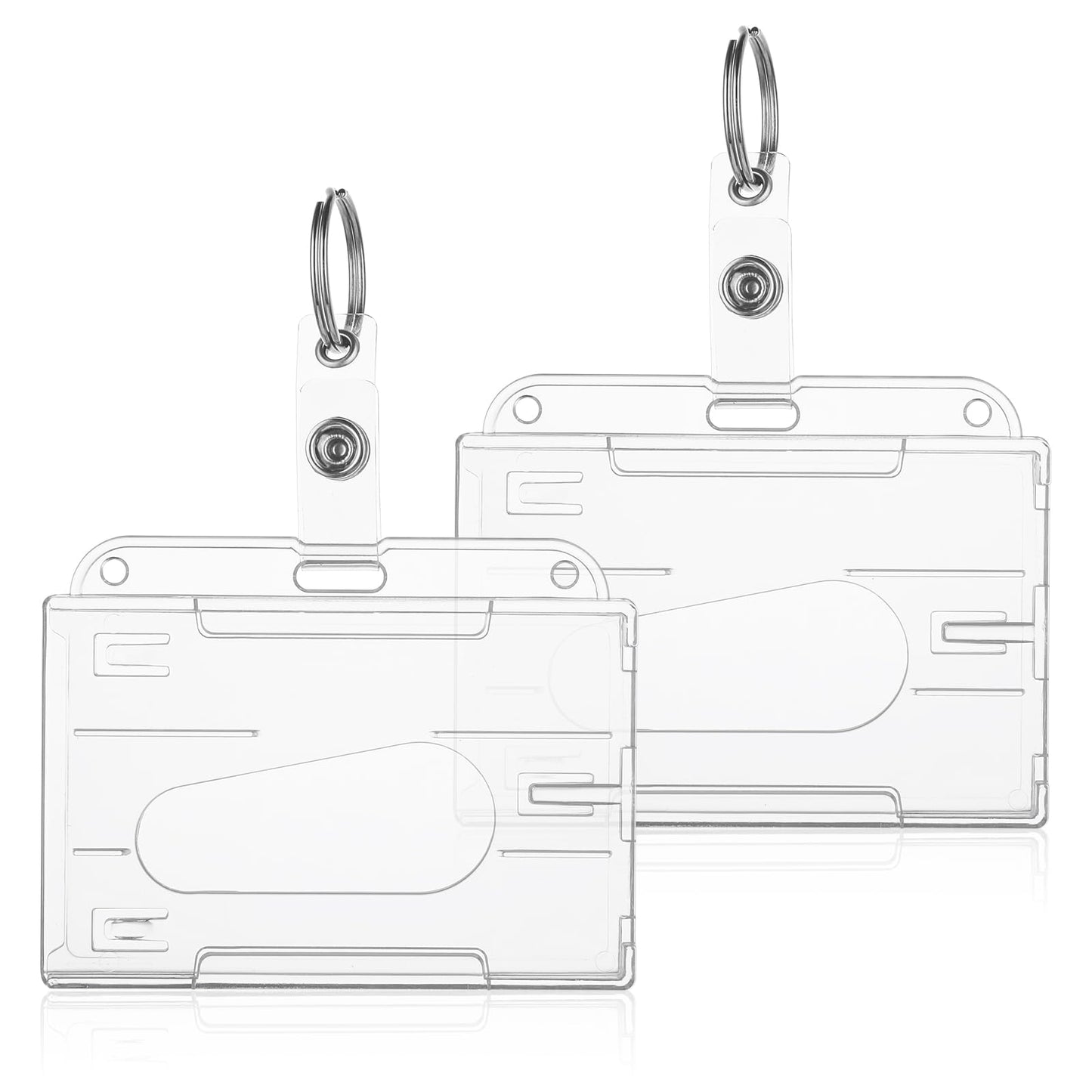Amaxiu Heavy Duty ID Badge Holders with Keyring, 2 Pcs Thumb Slot Card Holders Clear Credit Card Protector Hard Plastic Badge Holders for Nurse Teacher Office School Supplies (Horizontal)