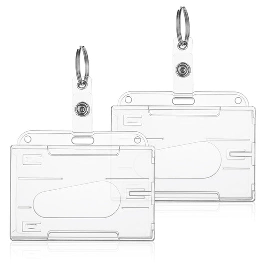 Amaxiu Heavy Duty ID Badge Holders with Keyring, 2 Pcs Thumb Slot Card Holders Clear Credit Card Protector Hard Plastic Badge Holders for Nurse Teacher Office School Supplies (Horizontal)