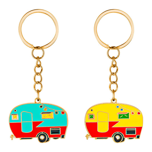 Amaxiu Camper Keychain, 2PCS RV Camper Keyring Happy RV Keyring Camping Jewelry Keychain Gift Couples Keychain Traveler Vacation Keyring Camper Accessories for Travel Trailers Retro Camping(Style A)
