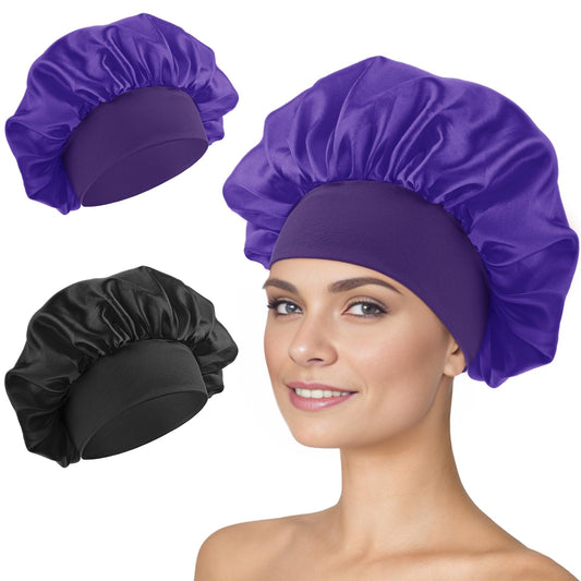 Amaxiu 2pcs Satin Bonnet for Sleeping, Silk Hair Bonnet with Wide Elastic Band Caps Silk Sleep Hair Caps Wrap Satin Head Cover Shower Caps for Women Makeup Hair Protection(Black+Purple)