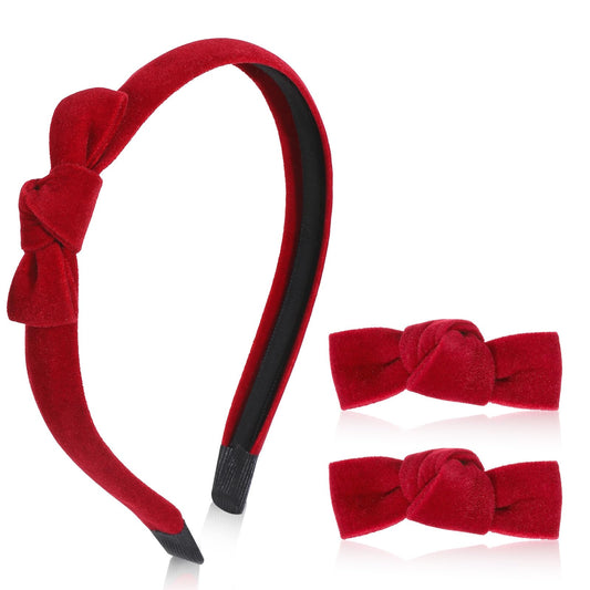 MBAIYO 3 Pcs Velvet Bow Headband Hair Clips Set, Cute Red Bow Headband Mini Head Band Small Bowknot Hairpins Set Aesthetic Hair Styling Clip Cute Accessories for Women(Burgundy)