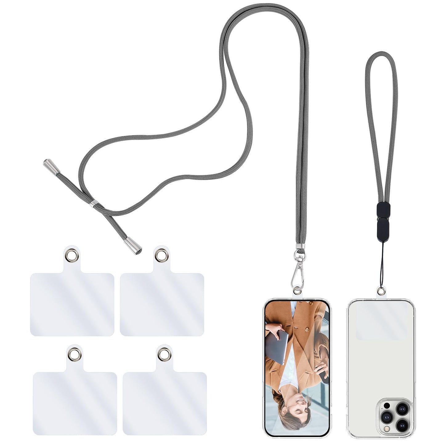 simarro Universal Cell Phone Lanyard, 2 Phone Chains with 4 Transparent Replacement Mobile Phone Straps Adjustable Nylon Neck Strap for All Smartphone Compatible with Most Phone Cases (Grey)