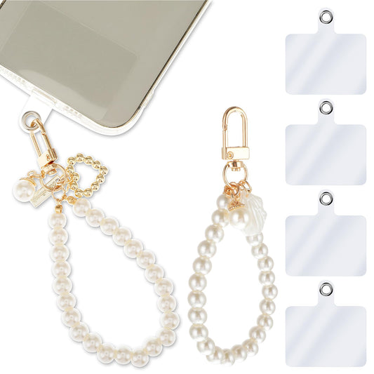 Andibro 2 Pcs Pearl Phone Lanyard, Anti-Lost Beaded Phone Charm Detachable Phone Wrist Strap Phone Chain Lanyards Mobile Phone Strap Grip with 4pcs Tether Tabs Compatible with Most Cell Phone Case