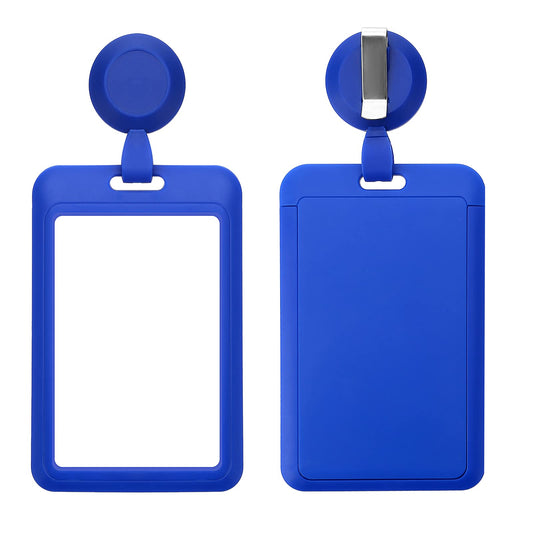 Bewudy 2 Set Heavy Duty Badge Holders with Retractable Badge Reel Clips, ID Name Tag Work Badge Clip Vertical Card Protector Cover Case for Office Nurse Medical Student Teacher Women Men (Blue)