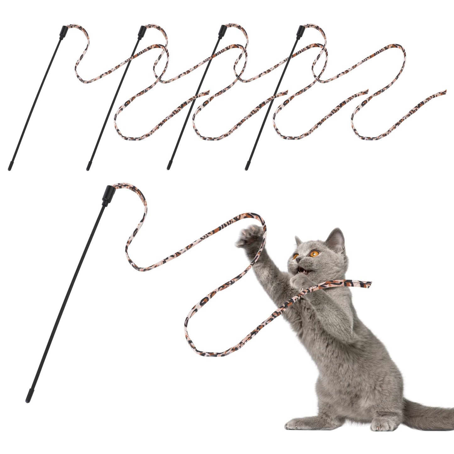 cobee Cat Interactive Rainbow Wand Toys, 5 Pcs Kitten Wand Toys Small Cat Rainbow String Interactive Toys Rainbow Ribbon Cat Wand for Cat Training Cat Wand Exerciser Training(30cm, Leopard Print)